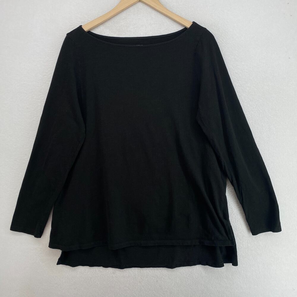 EILEEN FISHER Top M Slub Organic Cotton Jersey Tunic Boat Neck Long Sleeve Black